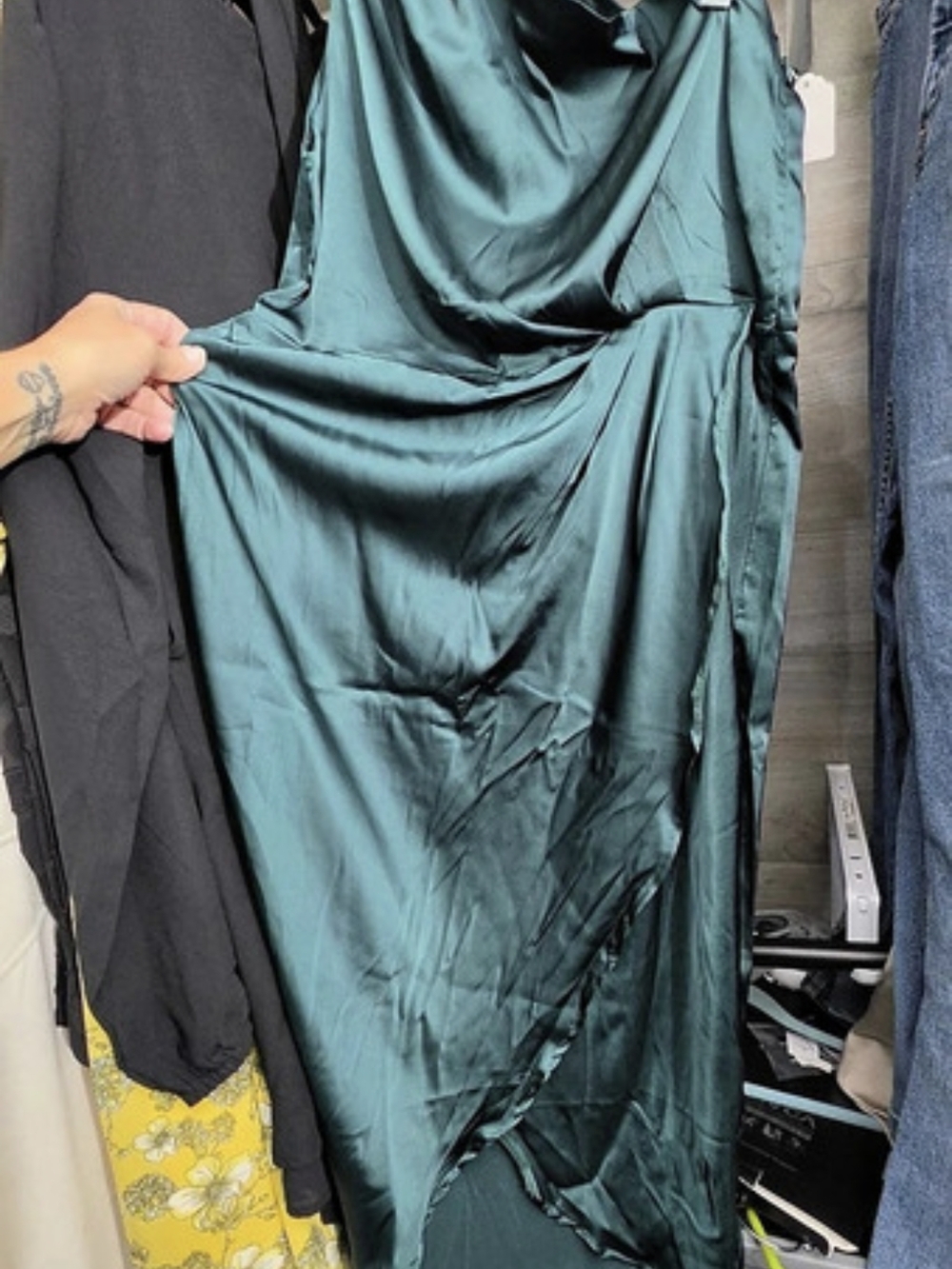 LYANER Women's Satin One Shoulder Split Wrap Midi Dress Green Large